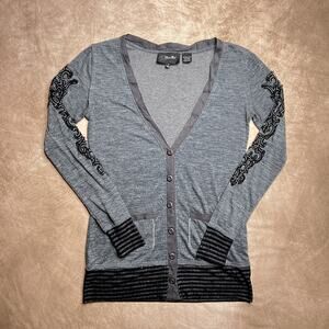 Miss Me Patchwork Rocaille Cardigan Sweater Deep V Button Up Indie Sleaze Goth